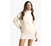 boohoo Women's Soft Knit Thick Rib Zip Neck Oversized Jumper & Mini Skirt Set in Ecru | Size: Large