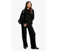 boohoo Women's Soft Knit Thick Rib Zip Neck Oversized Jumper & Wide Leg Trouser Set in Black | Size: Medium