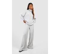 boohoo Women's Soft Mixed Rib Knit Wide Leg Trousers in Silver | Size: Small