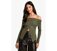 boohoo Women's Soft Rib Bardot Top With Split Hem in Khaki | Size: 12