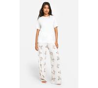 boohoo Women's Soft Touch Bear Print Button Detail Short Sleeve T-Shirt & Trousers Pyjama Set in Cream | Size: 8