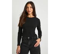 boohoo Women's Sparkly Trim Long Sleeve Rib Top in Black | Size: 12