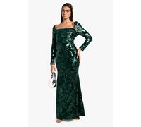 boohoo Women's Square Neck Demask Sequin Maxi Dress in Emerald | Size: 8