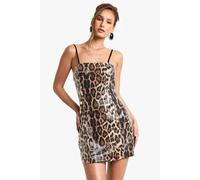 boohoo Women's Square Neck Lace Back Leopard Sequin Mini Dress in Brown | Size: 12