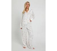 boohoo Women's Star Print Satin Long Sleeve Shirt & Trousers Pyjama Set in White | Size: 16