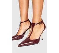 boohoo Women's Statement Heeled Croc T Bar Court Shoes in Burgundy | Size: 4