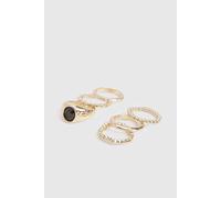 boohoo Women's Statement Stone Detail Rings 6 Pack in Gold | Size: Small/Medium