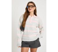boohoo Women's Stripe 93 Collar Detail Oversized Knitted Jumper in Pink | Size: Large