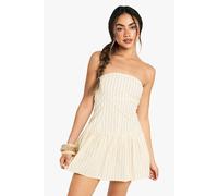 boohoo Women's Stripe Linen Look Peplum Mini Dress in Ecru | Size: 10