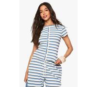 boohoo Women's Stripe Rib Button Through Short Sleeve Top in Blue | Size: XL