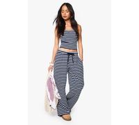 boohoo Women's Stripe Ribbed Wide Leg Trouser in Navy | Size: 8
