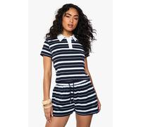 boohoo Women's Stripe Towelling Rugby Top in Navy | Size: XL