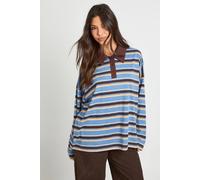 boohoo Women's Striped Contrast Collar Button Up Rugby Top in Blue | Size: 6