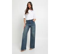 boohoo Women's Striped Embellished Wide Leg Jean in Mid Wash | Size: 14