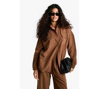 boohoo Women's Striped Peached Utility Oversized Shirt in Tan | Size: 6