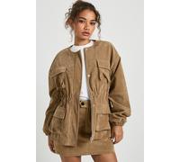 boohoo Women's Suede Look Collarless Cinched Waist Jacket in Taupe | Size: 12