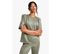 boohoo Women's Suede Oversized Fit Shoulder Pad T-Shirt in Khaki | Size: 10