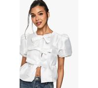 boohoo Women's Taffeta Tie Front Puff Sleeve Smock Top in Ivory | Size: 10