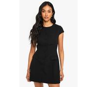 boohoo Women's Tailored Cap Sleeve Button Through Mini Shift Dress in Black | Size: 14