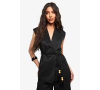 boohoo Women's Tailored Linen Look Longline Belted Waistcoat in Black | Size: 10