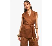 boohoo Women's Tailored Linen Look Longline Belted Waistcoat in Rust | Size: 14