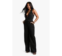 boohoo Women's Tailored Plunge Wide Leg Jumpsuit in Black | Size: 12