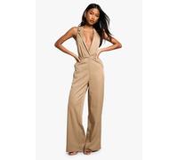 boohoo Women's Tailored Plunge Wide Leg Jumpsuit in Stone | Size: 16