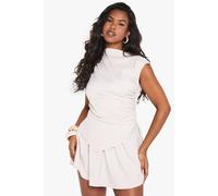 boohoo Women's Tailored Slash Neck Cap Sleeve Mini Dress in Stone | Size: 8