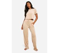 boohoo Women's Tall Baby Fleece Ribbed Baby T-Shirt & Wide Leg Trousers Pyjama Set in Mocha | Size: 14