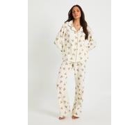 boohoo Women's Tall Bear Print Muslin Long Sleeve Shirt & Trouser Pyjama Set in White | Size: 6