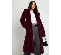 boohoo Women's Tall Belted Maxi Faux Fur Coat in Burgundy | Size: 14