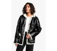 boohoo Women's Tall Borg Lined Faux Leather Hooded Coat in Black | Size: 6