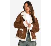 boohoo Women's Tall Borg Lined Faux Suede Jacket in Brown | Size: 16