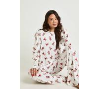 boohoo Women's Tall Christmas Bear Print Long Sleeve Top & Trousers Pyjama Set in White | Size: 14