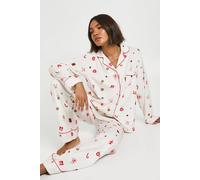 boohoo Women's Tall Christmas Sweet Print Baby Fleece Long Sleeve Shirt & Trousers Pyjama Set in Cream | Size: 4