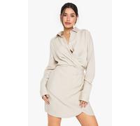 boohoo Women's Tall Collared Wrap Shirt Dress in Stone | Size: 8
