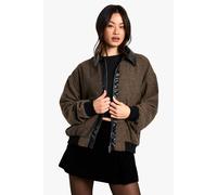 boohoo Women's Tall Contrast Pu Trim Wool Look Bomber Jacket in Brown | Size: 16