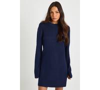 boohoo Women's Tall Crew Neck Flared Sleeve Knitted Mini Dress in Navy | Size: Medium