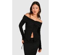 boohoo Women's Tall Crinkle Bardot Ruched Detail Top in Black | Size: 10
