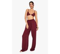 boohoo Women's Tall Crinkle Beaded Wide Leg Beach Trousers in Burgundy | Size: 8