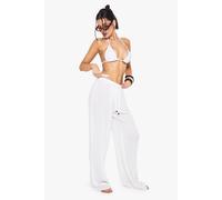 boohoo Women's Tall Crinkle Beaded Wide Leg Beach Trousers in White | Size: 8