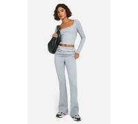 boohoo Women's Tall Crinkle Long Sleeve Top & Foldover Flare Co-Ord in Mid Grey | Size: 14