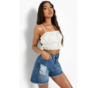 boohoo Women's Tall Distressed Frayed Denim Shorts in Mid Blue | Size: 8