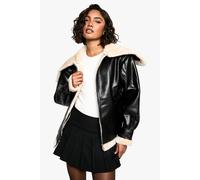boohoo Women's Tall Faux Fur Collar Leather Jacket in Black | Size: 10