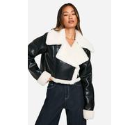 boohoo Women's Tall Faux Fur Lined Cropped Leather Jacket in Black | Size: 14