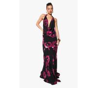 boohoo Women's Tall Floral Chiffon Halterneck Cowl Maxi Dress in Black | Size: 18