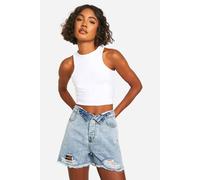 boohoo Women's Tall Fold Over Waist Shorts in Acid Wash Light Blue | Size: 10