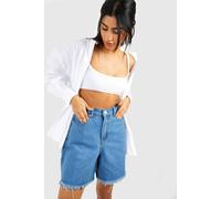 boohoo Women's Tall High Waisted Frayed Hem Longer Length Denim Shorts in Light Blue | Size: 6