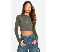 boohoo Women's Tall Hotfix Martini Long Sleeve T-Shirt in Khaki | Size: 14