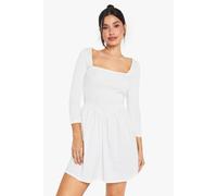 boohoo Women's Tall Jersey Rib Cotton Mix Long Sleeve Mini Dress in White | Size: 10